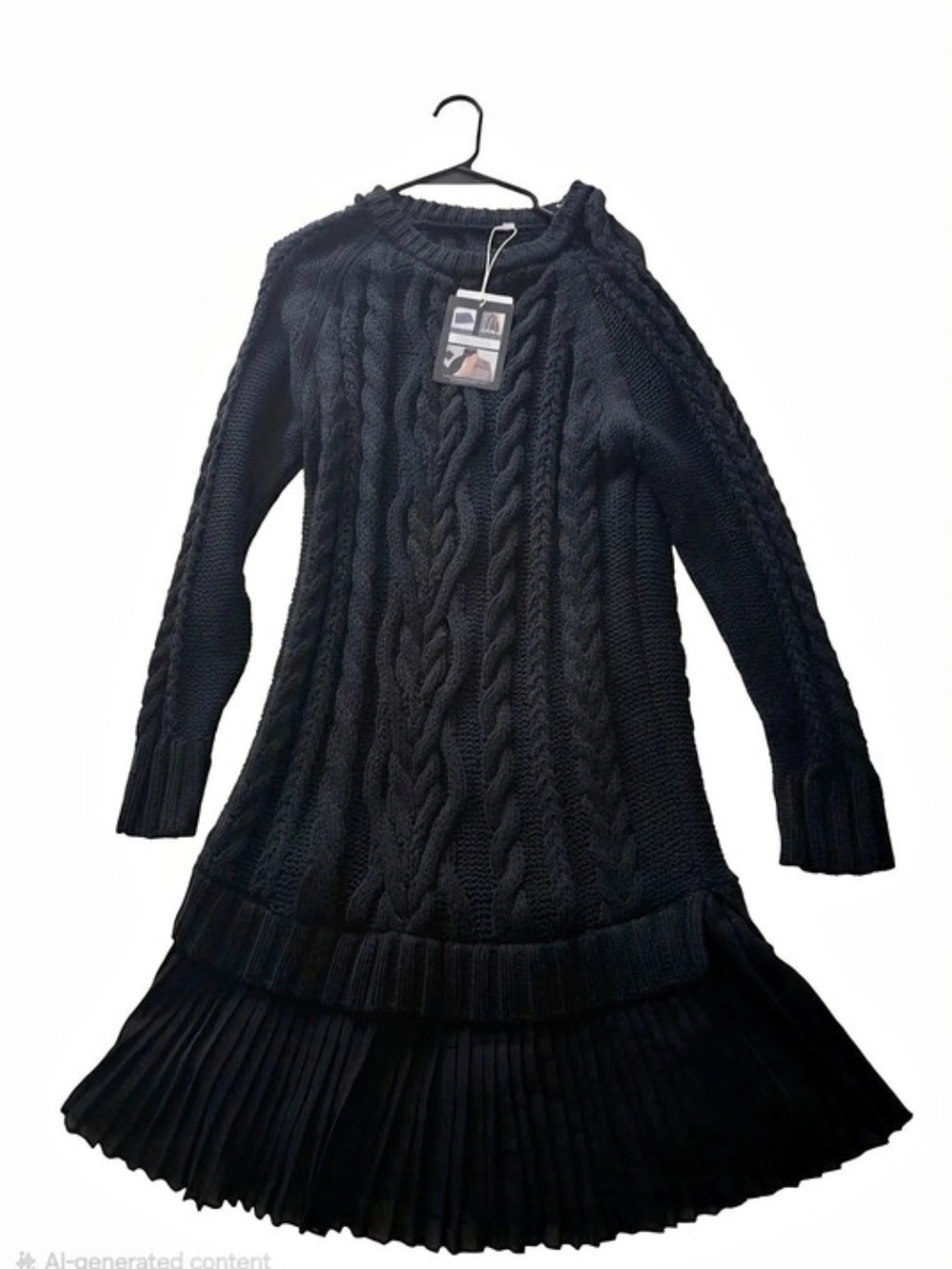 London Times Pleated Hem Cable Knit Sweater Dress MidiDress in Black